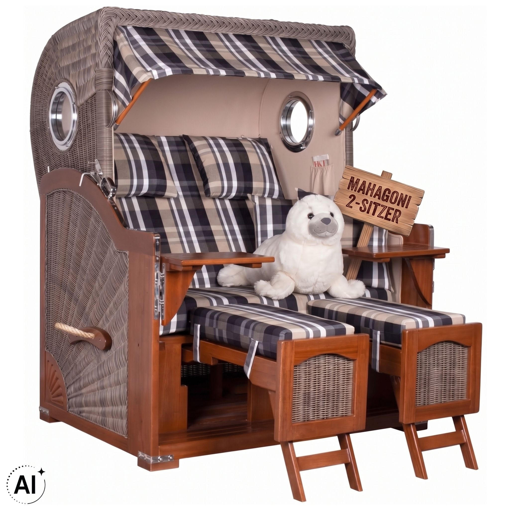 STRANDKORB 2-Sitzer Düne Mahagoni 583 - Beige/Schwarz, Holz (125/170/80cm) - Mr. Deko