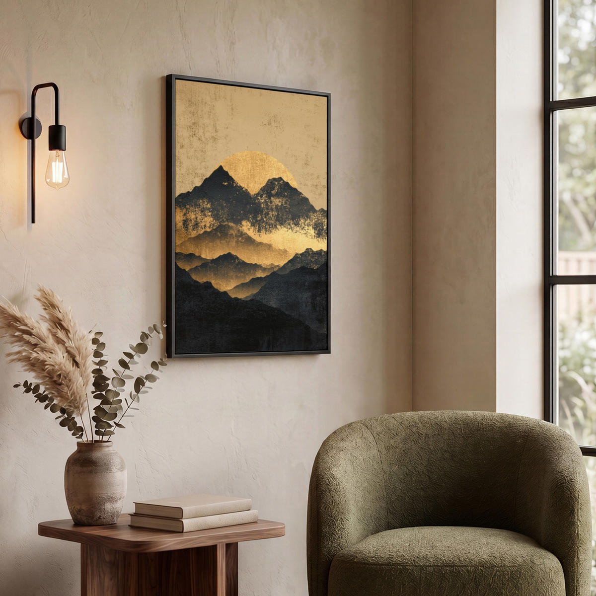 LEINWAND Bilder mit Rahmen - Goldene Berge bei Mondschein - 50x70 - Goldfarben, Textil (50/70cm) - MuchoWow