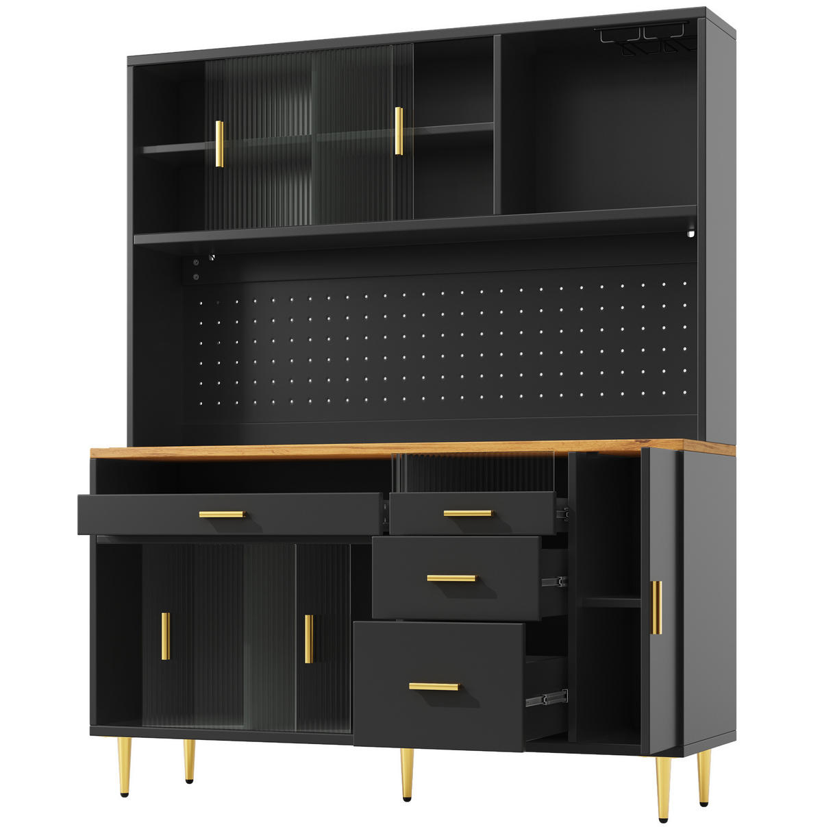 BUFFET 145/39/171 cm aus MDF und Glas mit LED-Beleuchtung und Glasschiebetüren Schwarz - Schwarz, Holzwerkstoff (145/171/24cm) - Modenvie