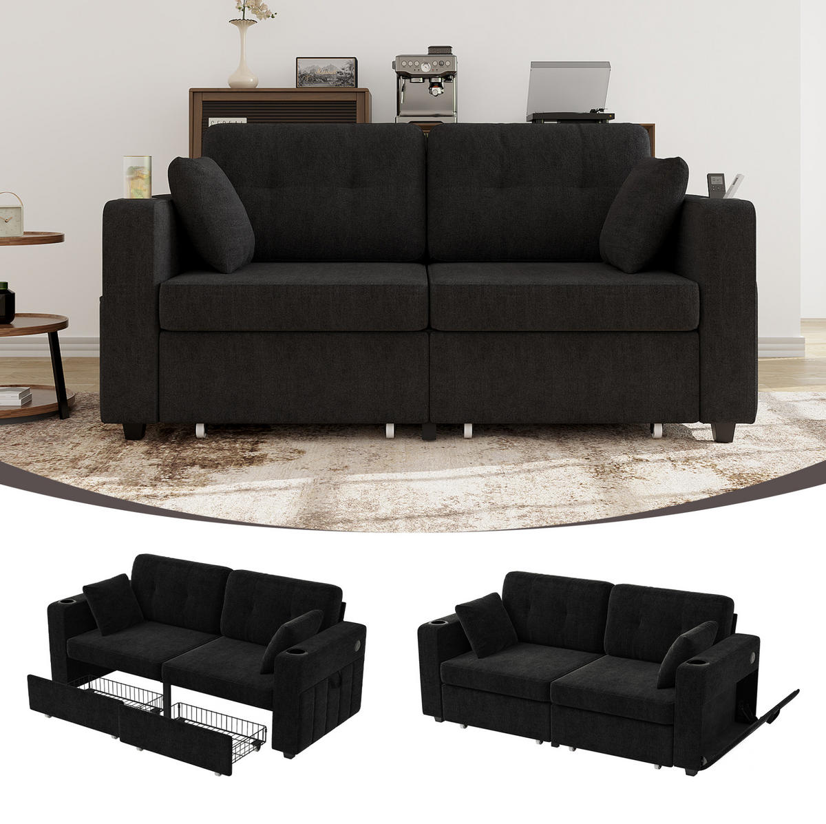 2-SITZER Sofa aus Chenille 172x75x82 cm in Schwarz mit USB & Stauraumschubladen - Schwarz, Textil (75/82/172cm) - Modfu