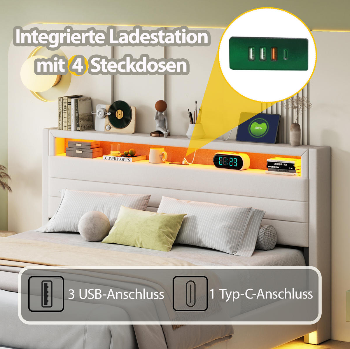 ČALÚNENÁ posteľ z ľanu 160x200 cm béžová s USB, LED osvetlením, hydraulickým úložným priestorom a otočným čelom - béžová, textil (160/200cm) - Modfu