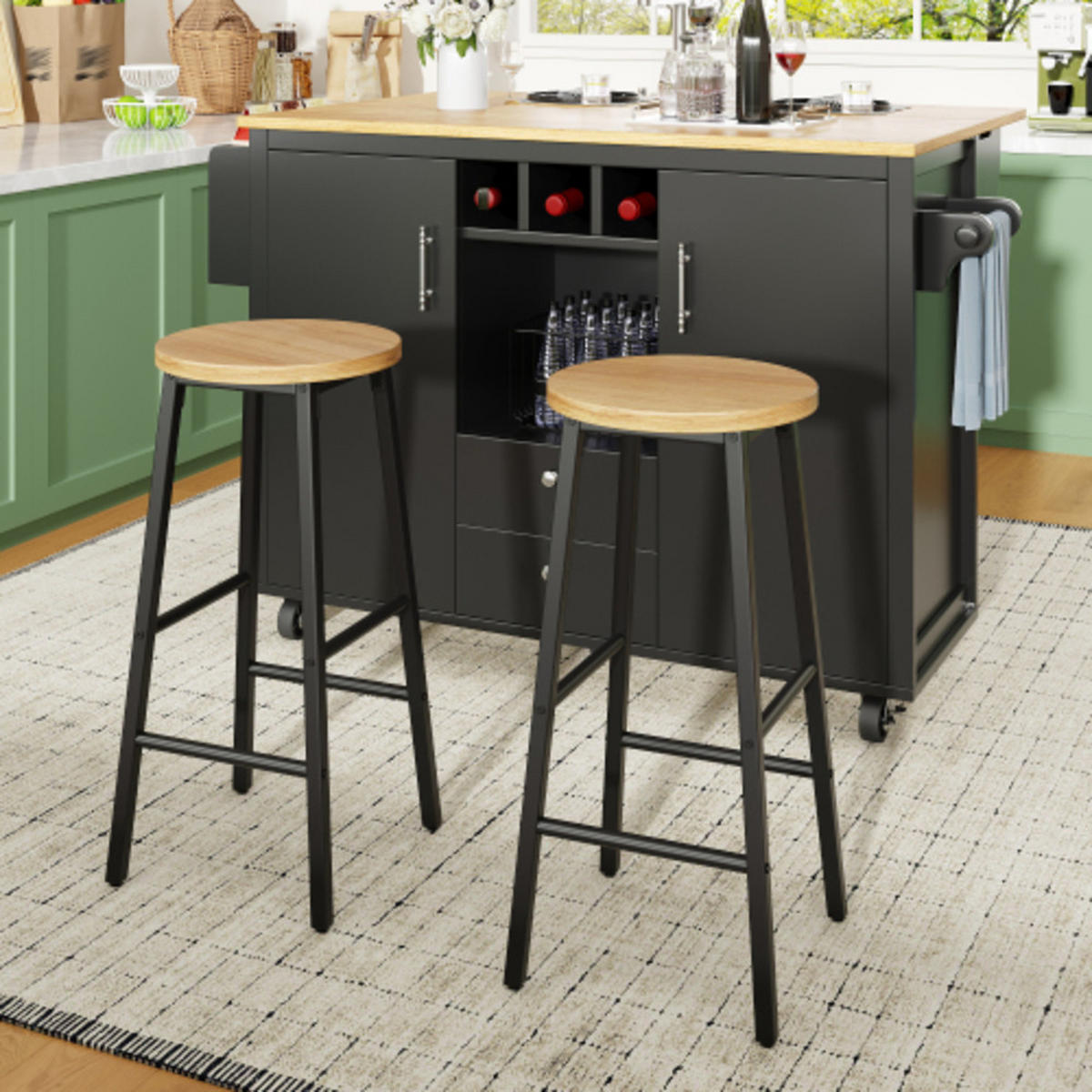 KÜCHENINSEL-SET 137,9×45-73×92 cm mit 2 Barhockern aus MDF und Metall, schwarz - Schwarz, Holzwerkstoff (137.9/92/73cm) - Luhomfu