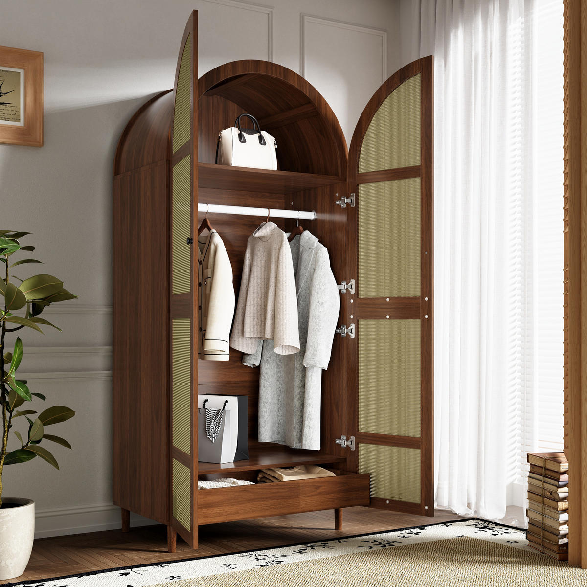 KLEIDERSCHRANK Gebogene Türen Stauraum Schubladen Modern - Walnussfarben, Holzwerkstoff (80/179/50cm) - FLIEKS