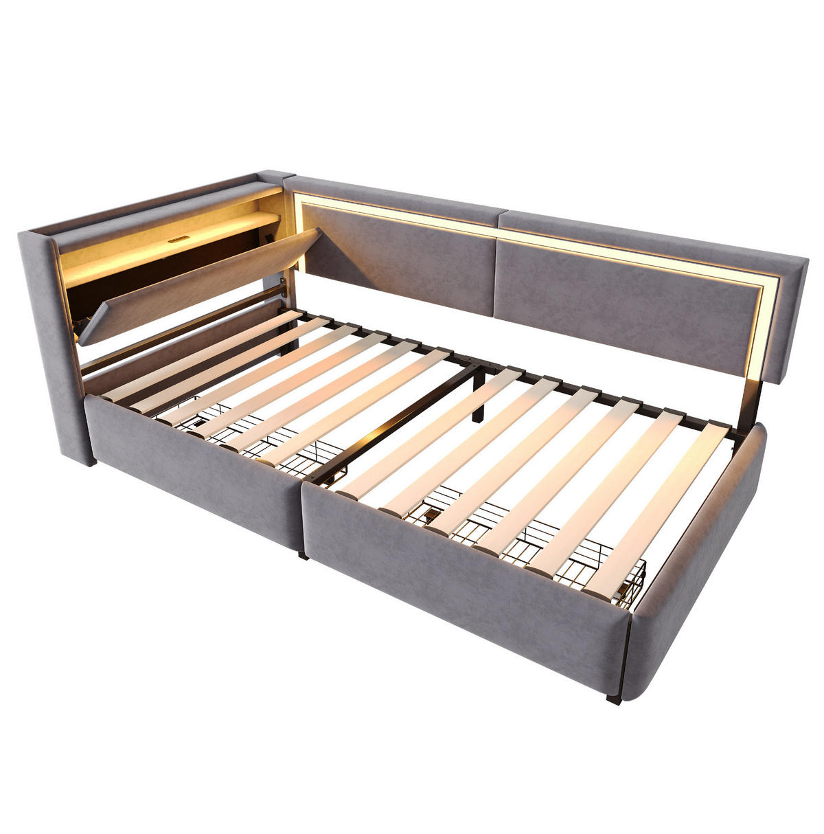 POLSTERBETT 90/200 cm mit LED-Beleuchtung, USB-Anschlüssen, Stauraum und Samtbezug, Dunkelgrau - Dunkelgrau, Textil (90/200cm) - Redom