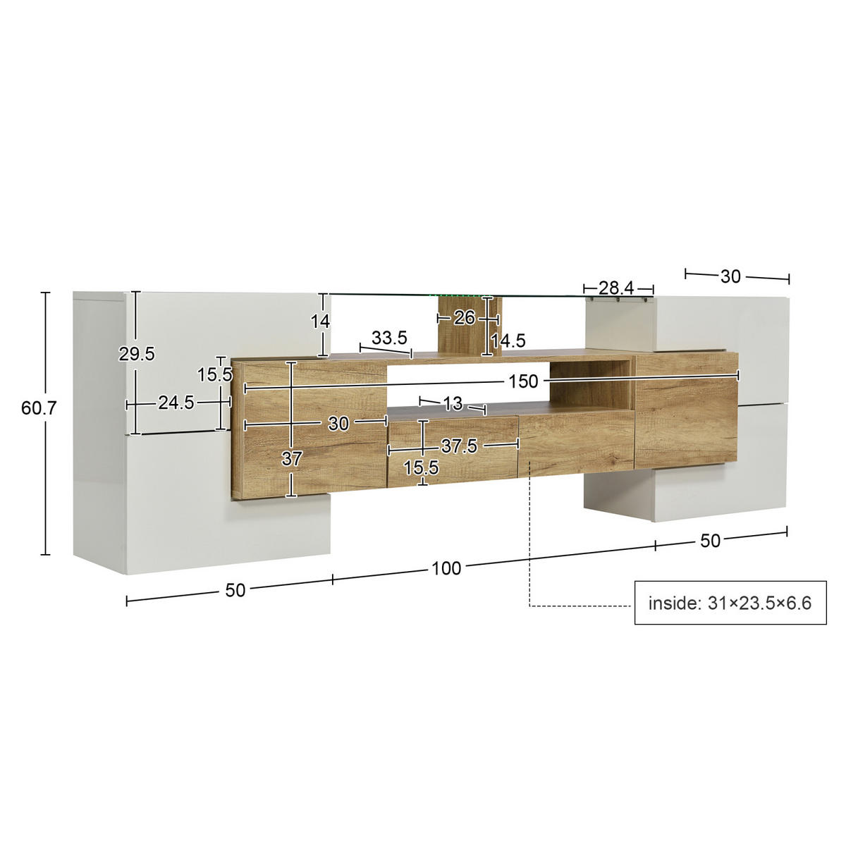 TV Lowboard LED 200x30x60,7 cm, 6 Türen, 2 Schubladen, Weiß - Weiß, Holz (200/60/30cm)
