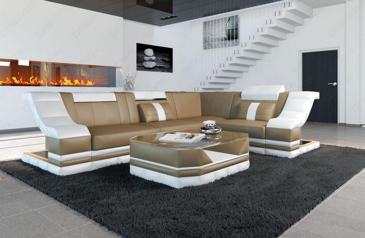 COUCH Bianchi Sandbeige Weiß Echtleder - Sandfarben, Leder (271/196cm)