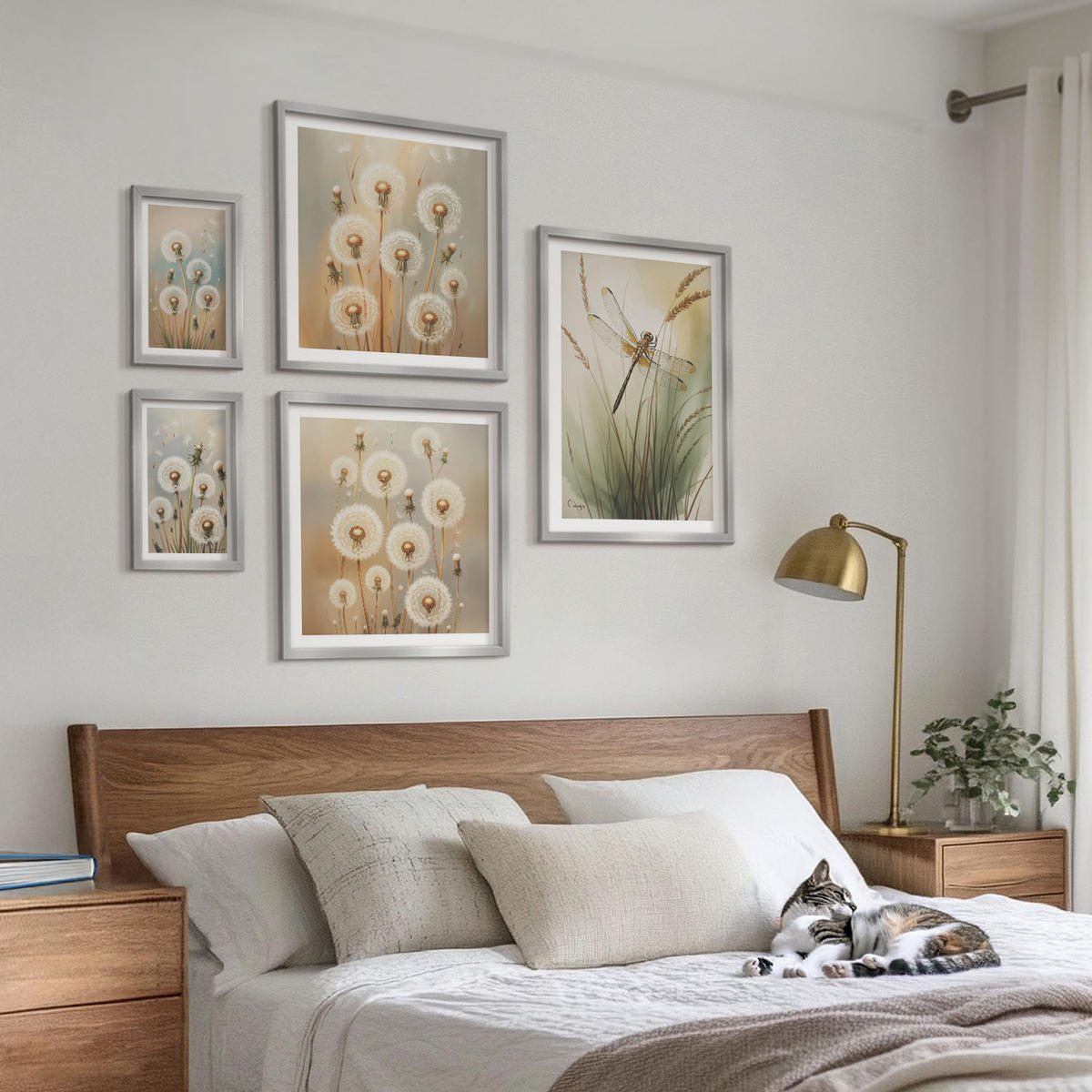 BILDER SET 5er Set - 50x50 cm & 20x30 cm & 40x60 cm Silberner Rahmen - Weiße Löwenzahnblüten auf hellem Hintergrund - Silberfarben, Kunststoff (40/60cm) - TULUP
