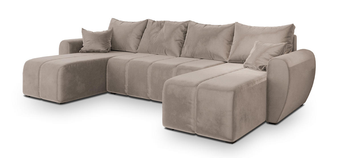 WOHNLANDSCHAFT MADISON U Beige Plüsch-Stoff mit Schlaffunktion - Beige, Holz (311/82/145cm) - MASSENO