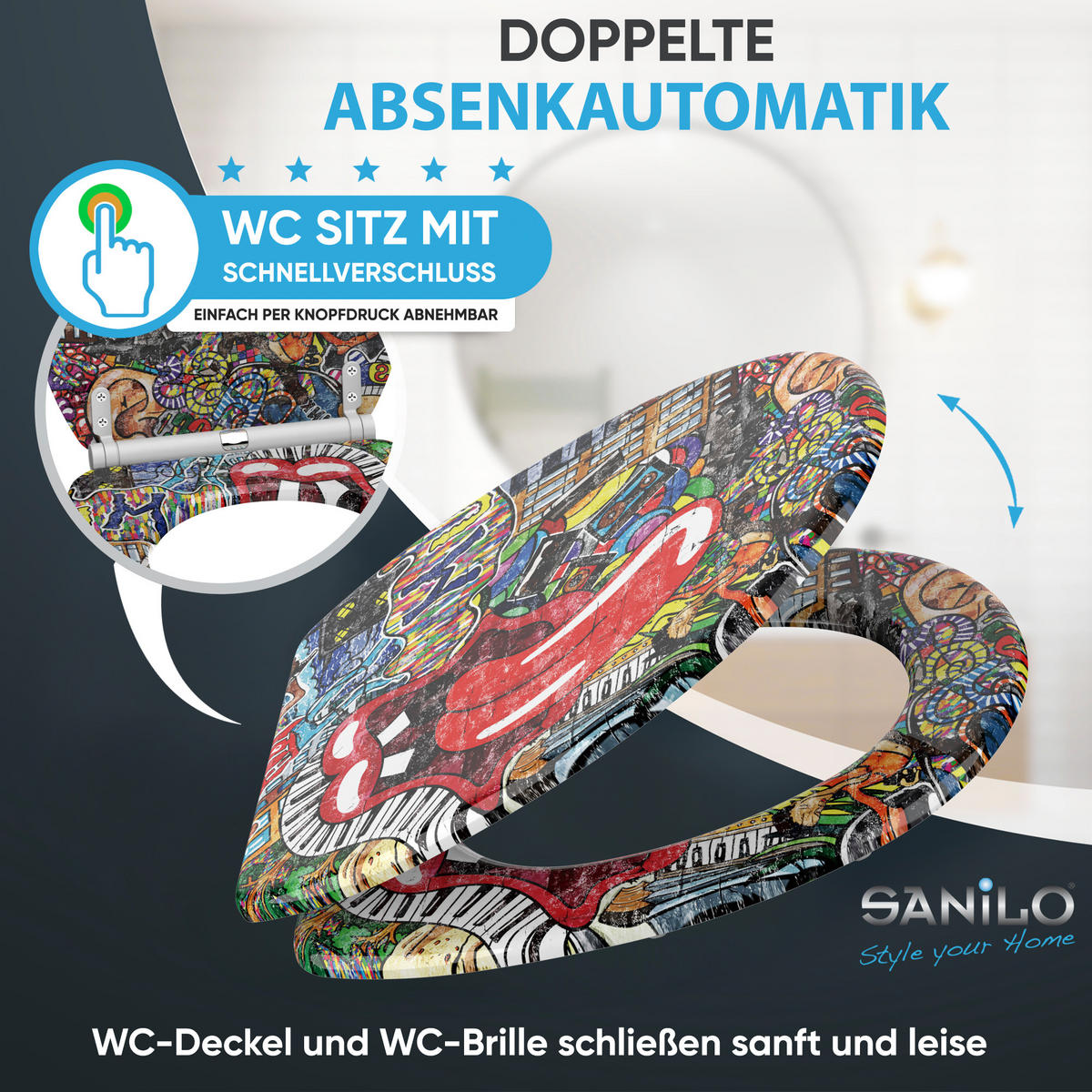 WC-SITZ mit Absenkautomatik & Top Fix Graffiti - Rot, Holzwerkstoff (37.7/5.5/48cm) - Sanilo