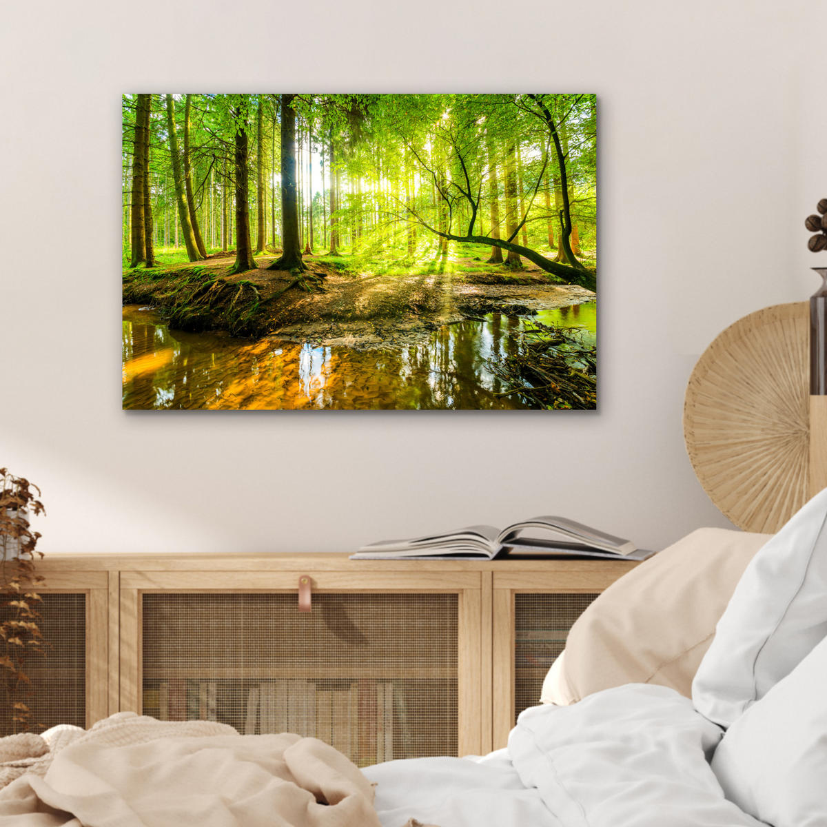 METALLBILD Wald - Landschaft - Wasser - Bäume - Sonne - Grün - Natur 60x40 cm - Grün, Metall (60/40cm) - MuchoWow