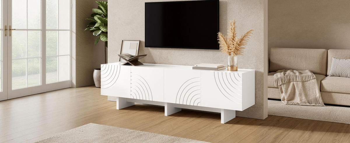 TV-ELEMENTTV Schrank Weiß 170x35x50cmModernes Lowboard 4 Türen geometrisches Bogenmuster - Weiß, Holz (48.01/18.29/96.01cm) - Raelunyi
