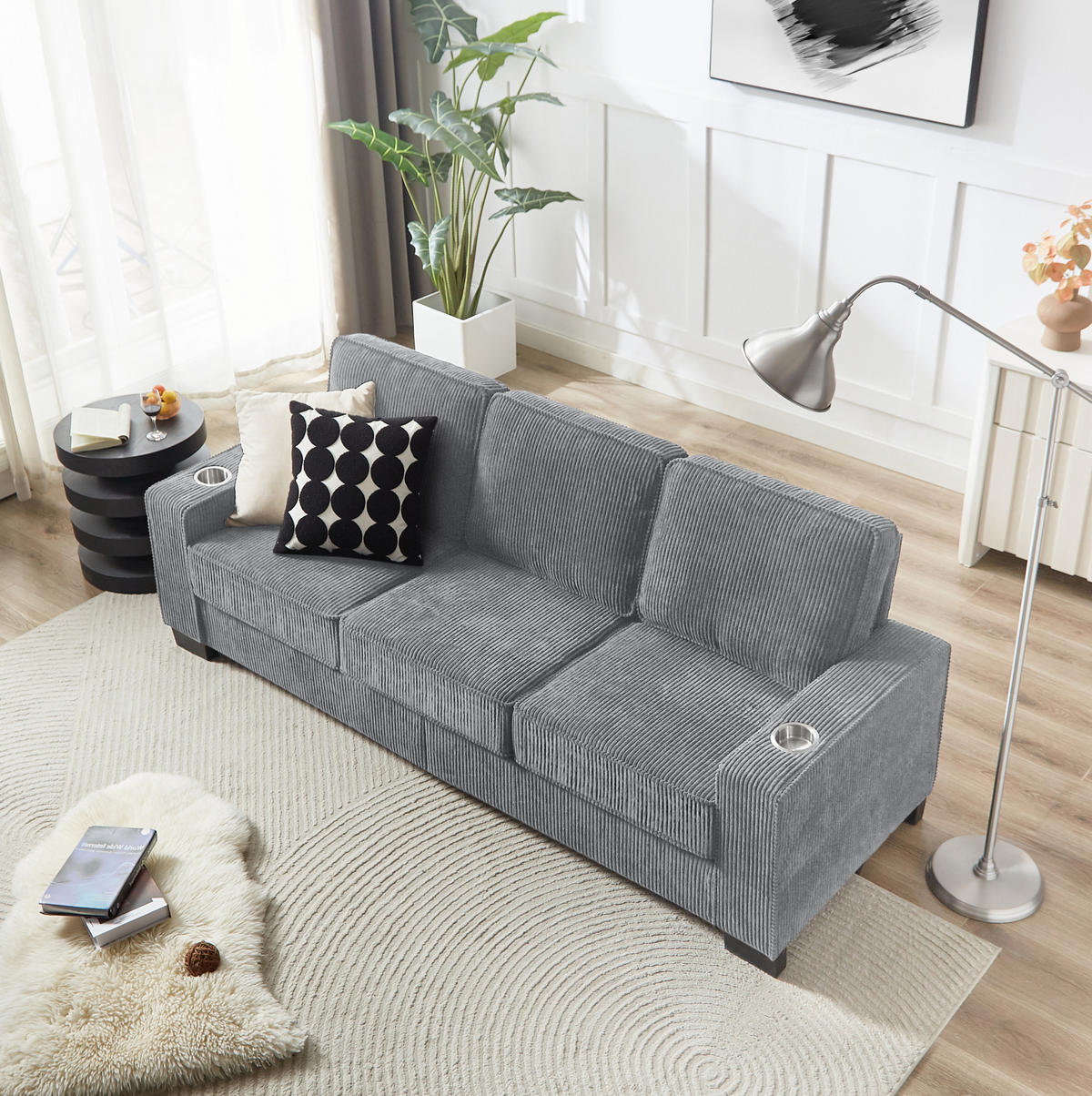 SOFA mit Getränkehaltern 206 cm Cord Grau - Grau, Holzwerkstoff (206/86/72cm) - Meubliv