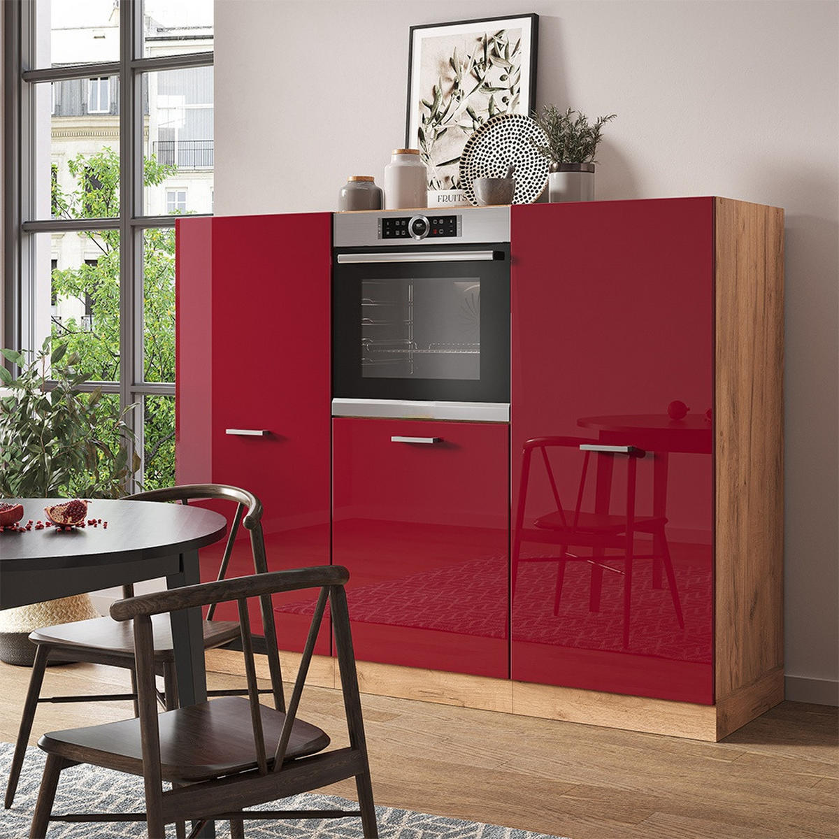 KÜCHENBLOCK R-Line Rot Hochglanz/Goldkraft Eiche 180 cm ohne Arbeitsplatte - Honigeiche/Rot, Holzwerkstoff (180/143/46cm) - Vicco