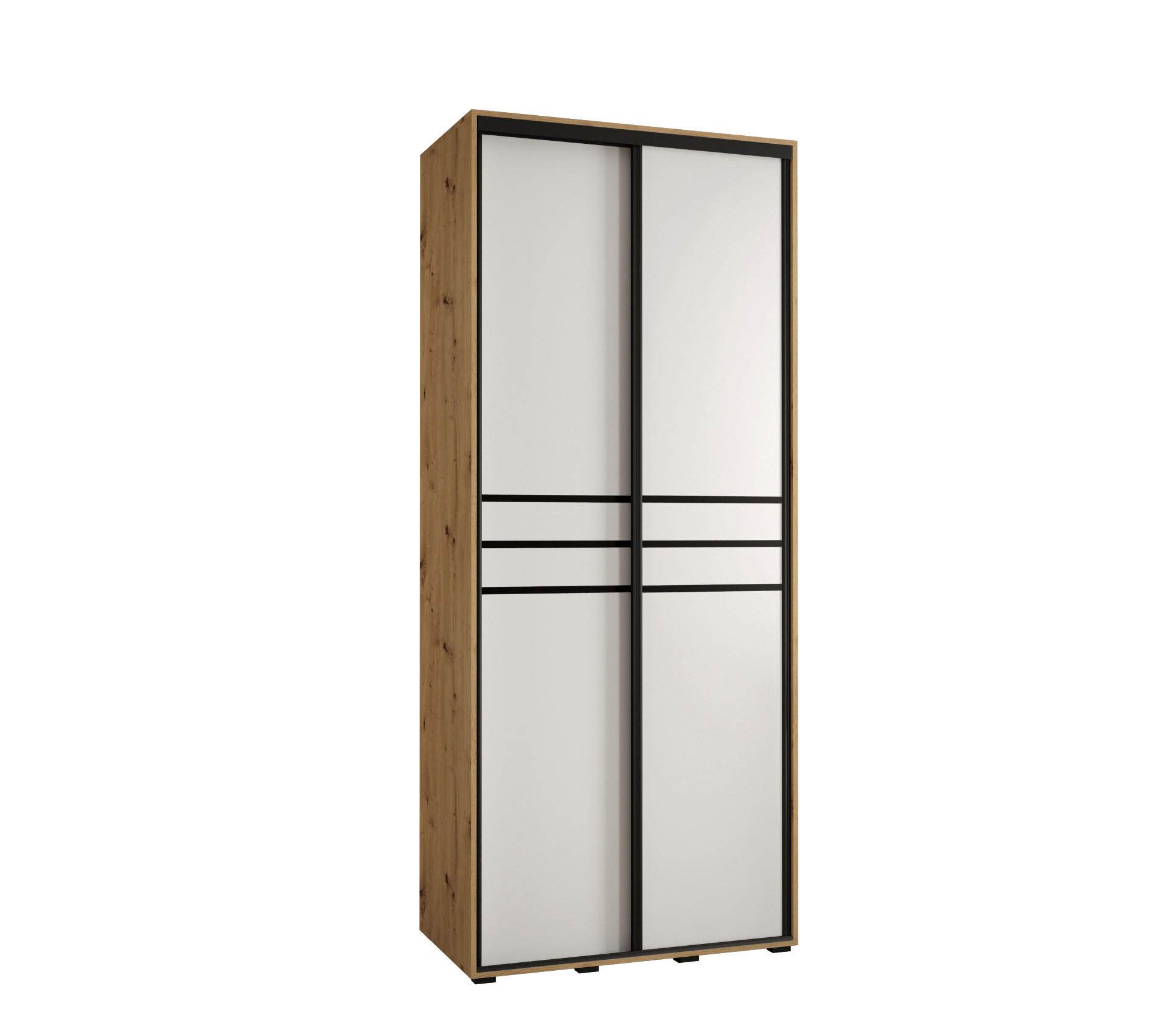 Abiks Möbel Schwebetürenschrank Eiche Artisan, Weiß, Schwarz 100x235x45 cm