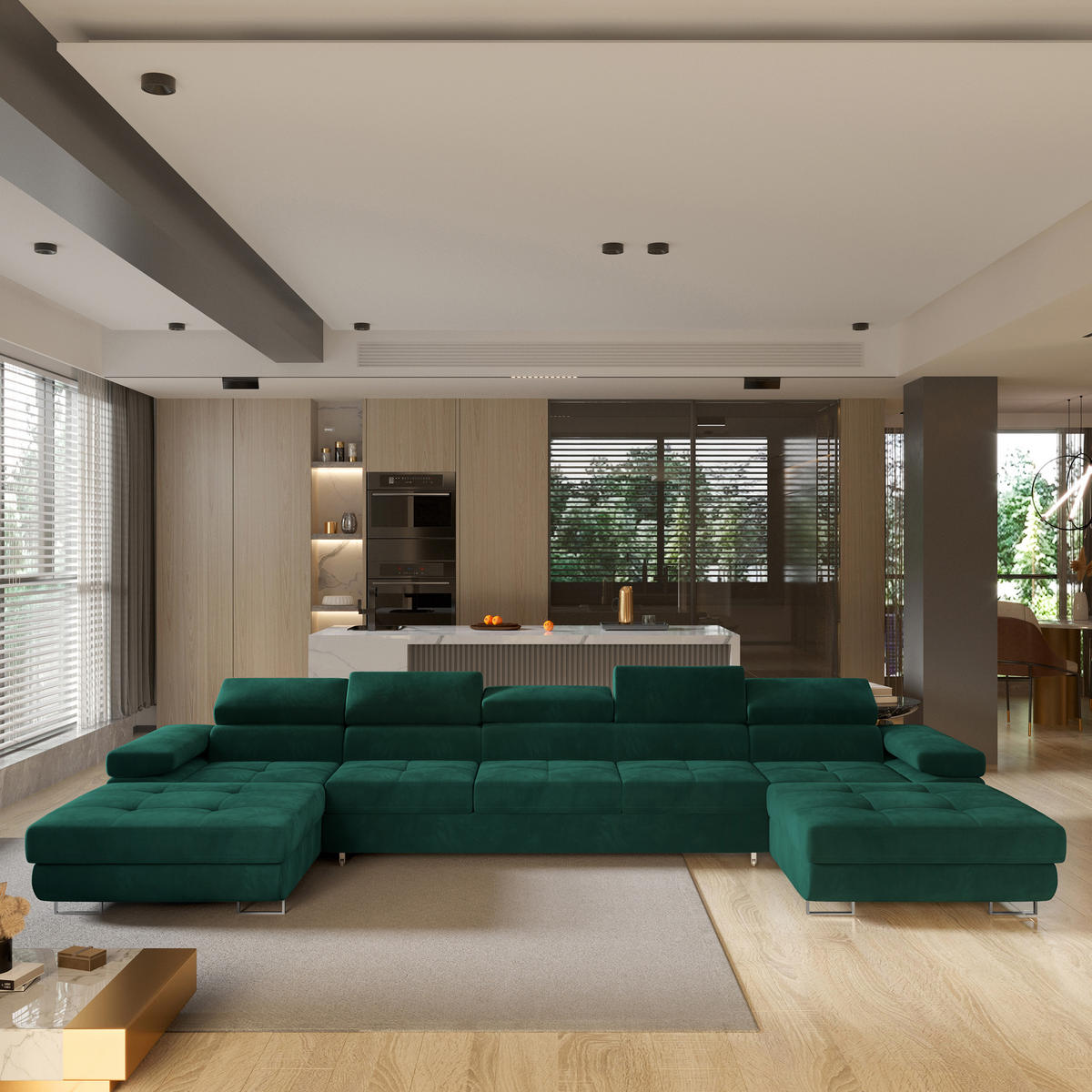 ROHOVÁ SEDAČKA OMBRA zelená barva - stříbrná/zelená barva, kov/dřevo (425/202cm) - MASSENO