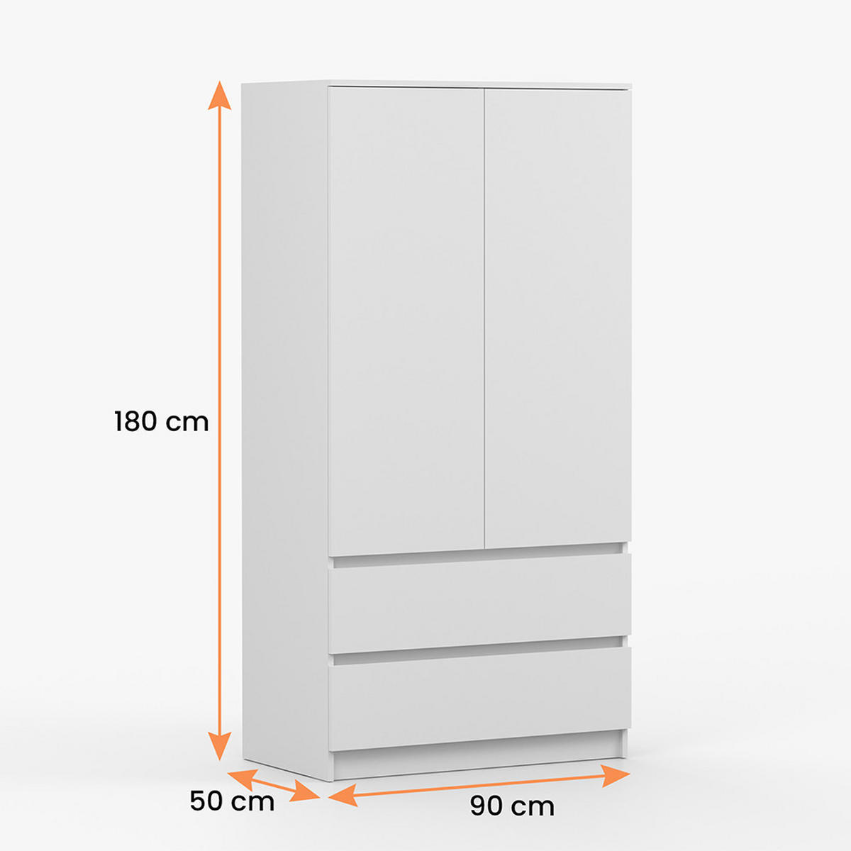 DREHTÜRENSCHRANK SOLO 2D2S, Schlafzimmer, Kleiderschrank Schrank 90 cm Weiß/Weiß, 2-türig, zwei Schubladen, grifflos - Weiß, Holzwerkstoff (90/180/50cm) - imoebel24