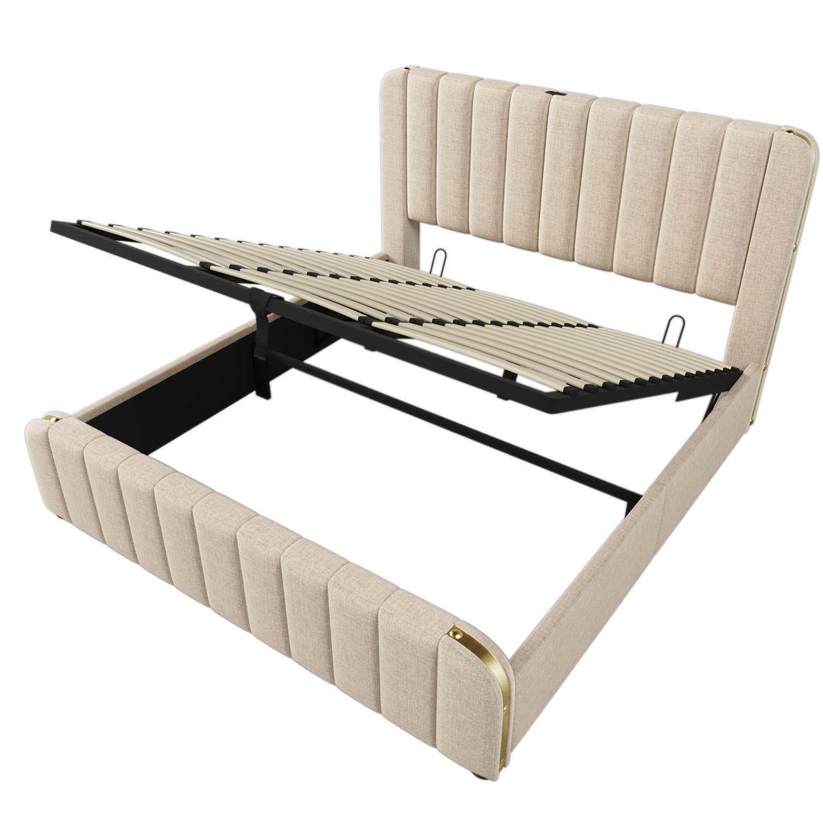 BETT mit Stauraum USB/Typ-C 180x200 cm Leinen Beige inkl. Matratze - Beige, Metall (180/200cm) - Meubliv