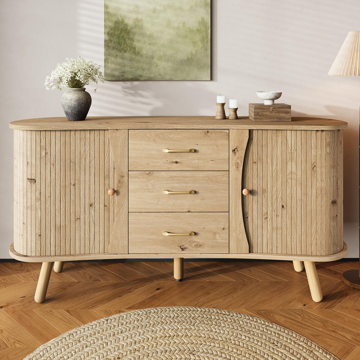 SIDEBOARD Erbsenform Rillenoptik - Naturfarben, Holzwerkstoff (150/75/36.5cm)