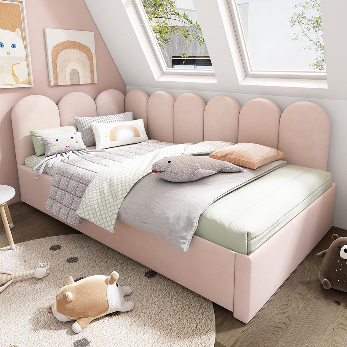 KINDERBETT 90x200 cm mit Ausziehbett，Rosa（ohne Matratze） - Pink, Textil/Metall (90/200cm) - KOMHTOM