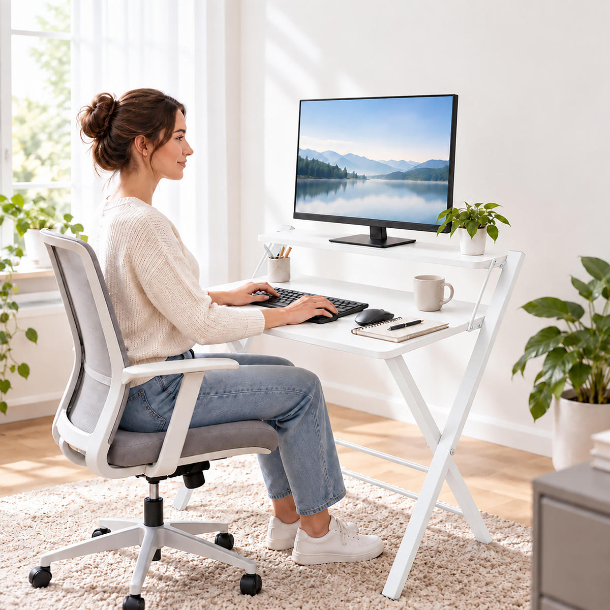 SCHREIBTISCH Weiß klappbar mit Monitoraufsatz 70x56 cm - Weiß, Holzwerkstoff/Metall (56/70/82cm) - Relaxdays