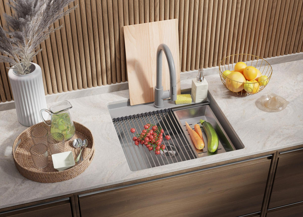 UNTERBAUSPÜLE GRANIT Bergen, 2-er set Grau 56/53 cm 1 Becken + Küchenarmatur 38/14 cm + Ablauf-Set + Schneidebrett ab 60er Unterschrank - Chromfarben/Beige, Kunststoff (56/20/53cm) - Primagran