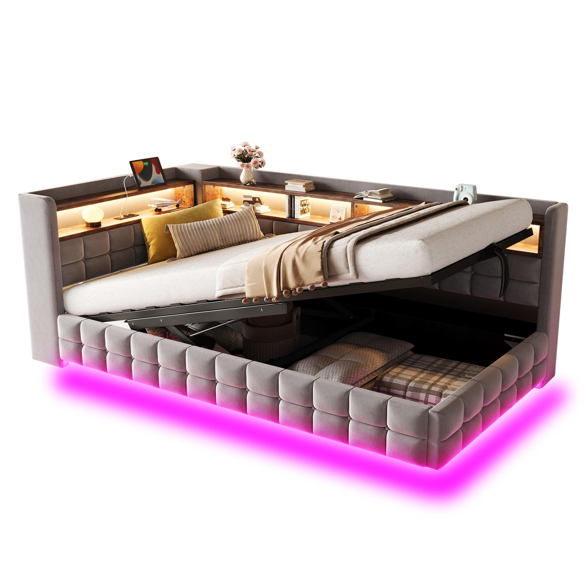 POLSTERBETT 90/200 cm Hellgrau aus Velours mit Stauraum mit LED-Beleuchtung - Hellgrau, Textil (90/200cm) - OKWISH