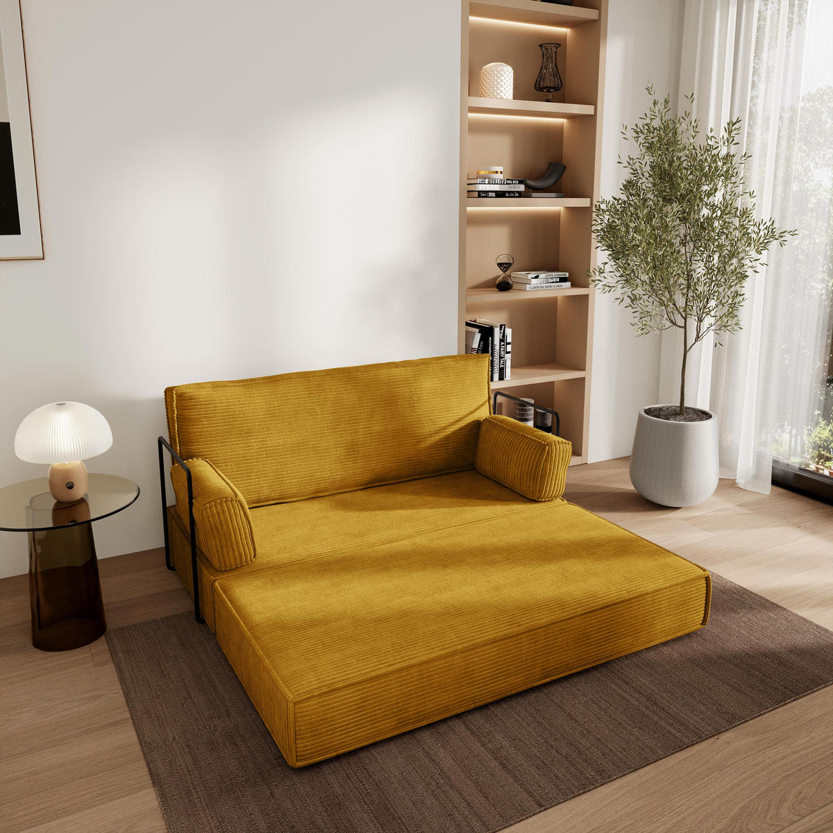 POHOVKA z pěny LADIA s kovovým rámem Manšestrová látka Žlutá - žlutá, textil (140/86/60cm) - MASSENO