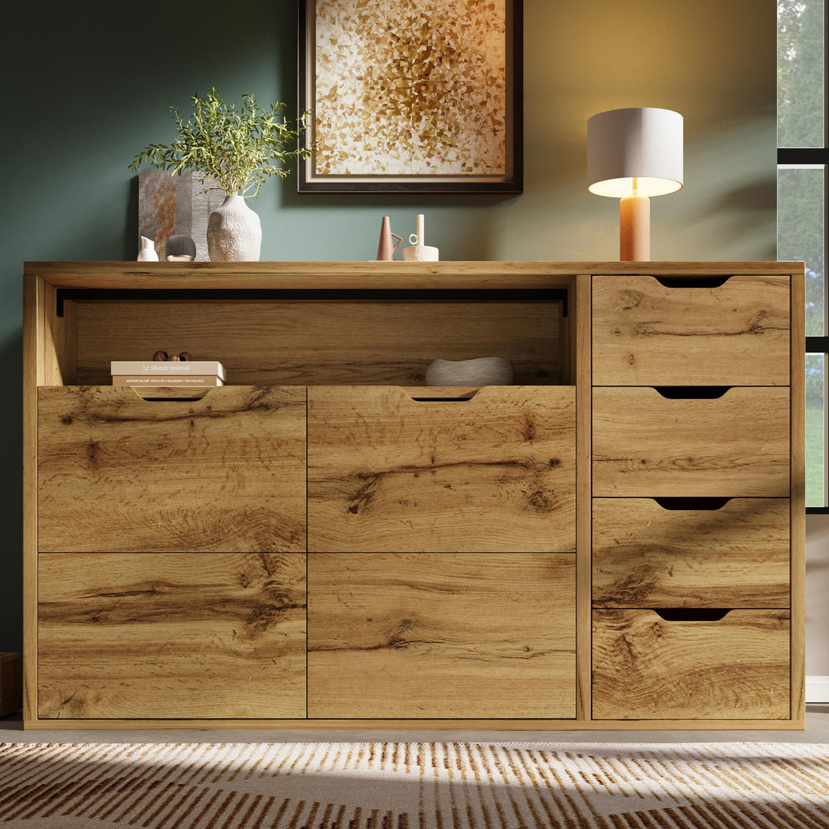 SIDEBOARD aus MDF und Metall 150x40x90 cm Eichefarben/Schwarz mit 2 Türen, 4 Schubladen, offenem Fach und Softclose - Eichefarben, Holzwerkstoff (150/90/40cm) - Modfu