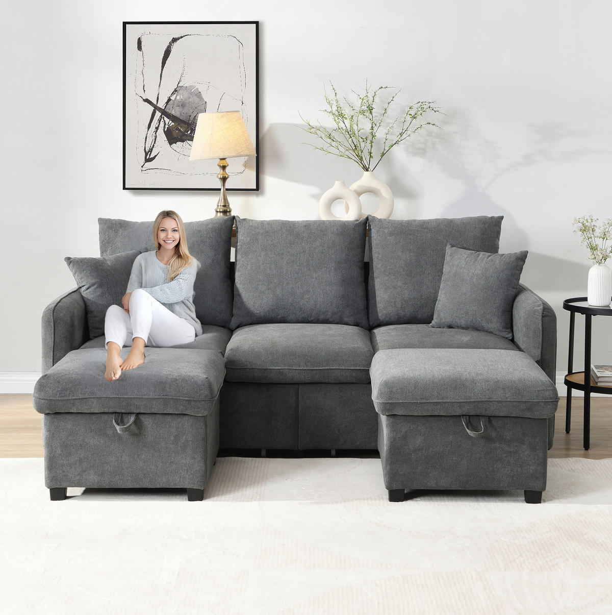 ROHOVÁ sedací souprava s úložným prostorem tmavě šedá z chenille s rozkladem - tmavě šedá, plast (188/86/186cm) - OKWISH