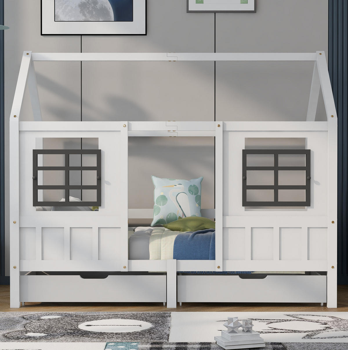 HAUSBETT 90/200 cm mit 2 Schubladen und Doppelfenstern aus Kiefer und MDF, Weiß - Weiß, Holzwerkstoff (90/200cm) - Redom