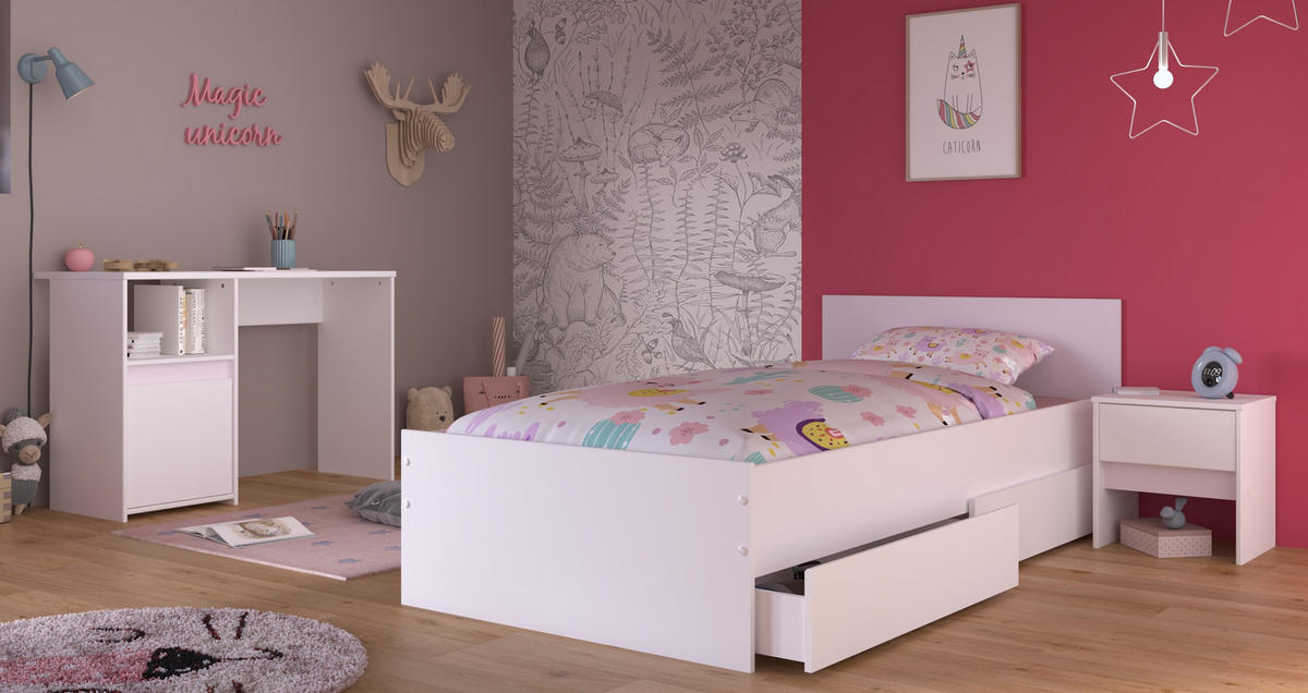 JUGENDZIMMER Pirouette 27 in Weiß mit Rosa oder Kieselgrau 4 teilig - Weiß, Holzwerkstoff (120/200/80cm)