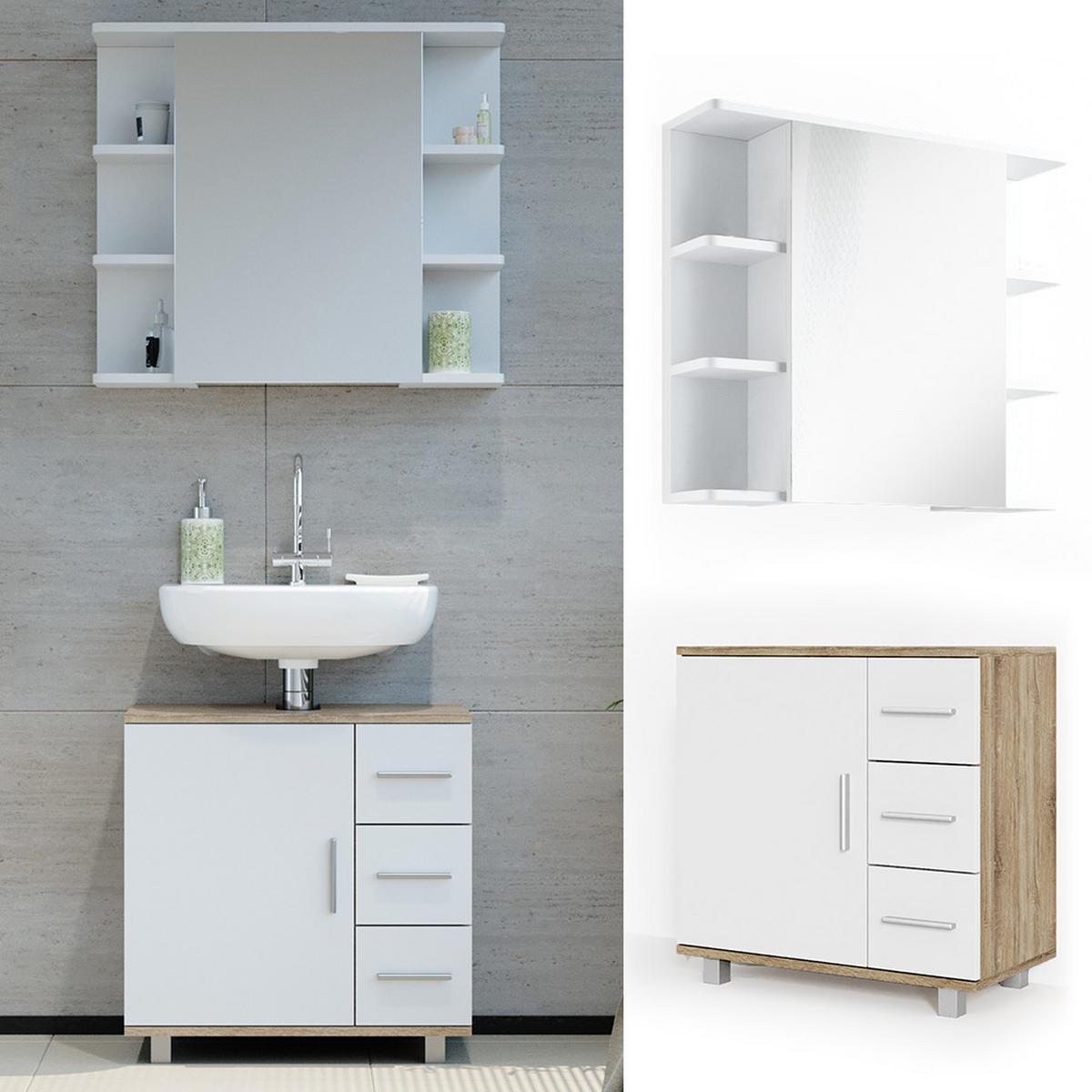 BADMÖBEL-SET Ilias Sonoma 2 Teile - Weiß/Sonoma Eiche, Holzwerkstoff (60/60.8/33cm) - Vicco
