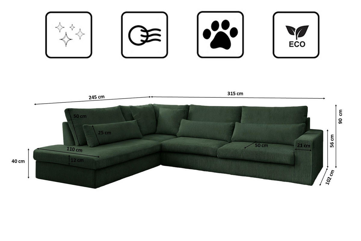 ECKSOFA L-Form SVEN Stoff Poso Grün Links - Grün, Textil (315/245cm) - Kaiser Möbel