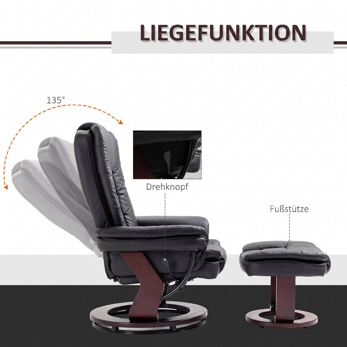 RELAXSESSEL mit Hocker 360°Drehbarer Fernsehsessel mit Liegefunktion Kunstleder - Schwarz/Braun, Leder/Holz (82/106/85cm) - HOMCOM