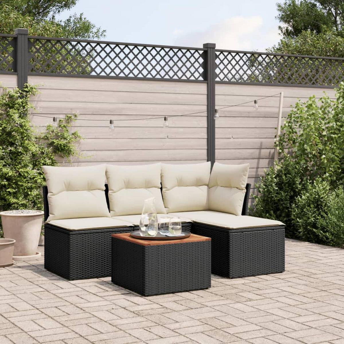GARTEN-SOFAGARNITUR 5-TLG. Mit Kissen Schwarz Poly Rattan - Schwarz, Kunststoff - vidaXL