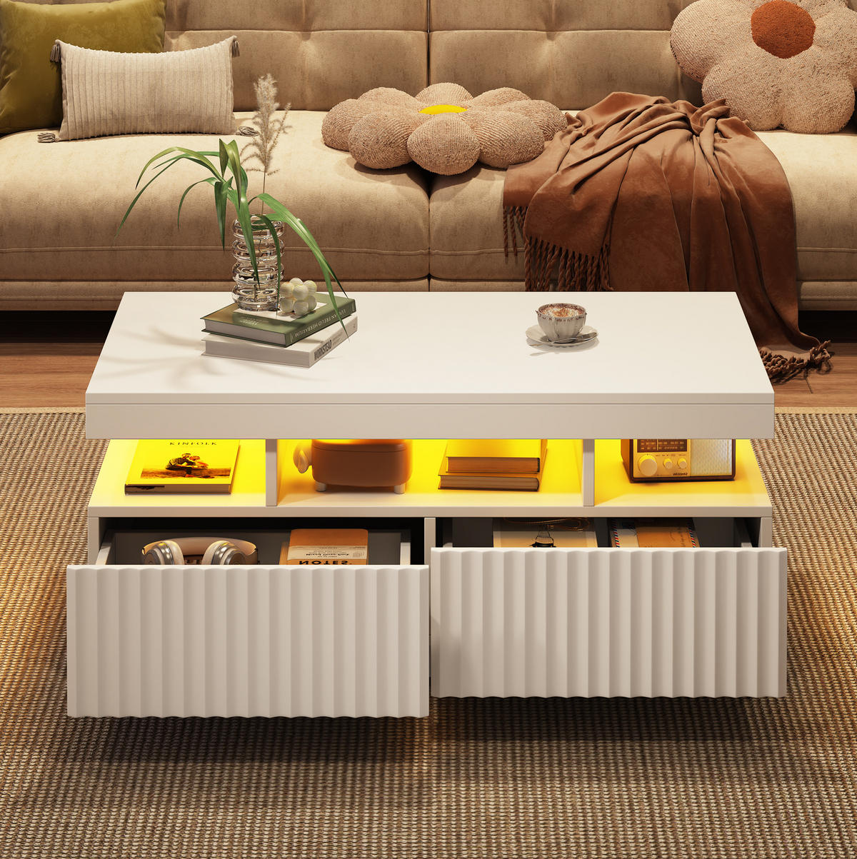 COUCHTISCH 100/50/45 cm mit 2 Schubladen, LED-Beleuchtung und offenem Fach aus Spanplatte, Weiß - Weiß, Holzwerkstoff (100/50/45cm) - Redom