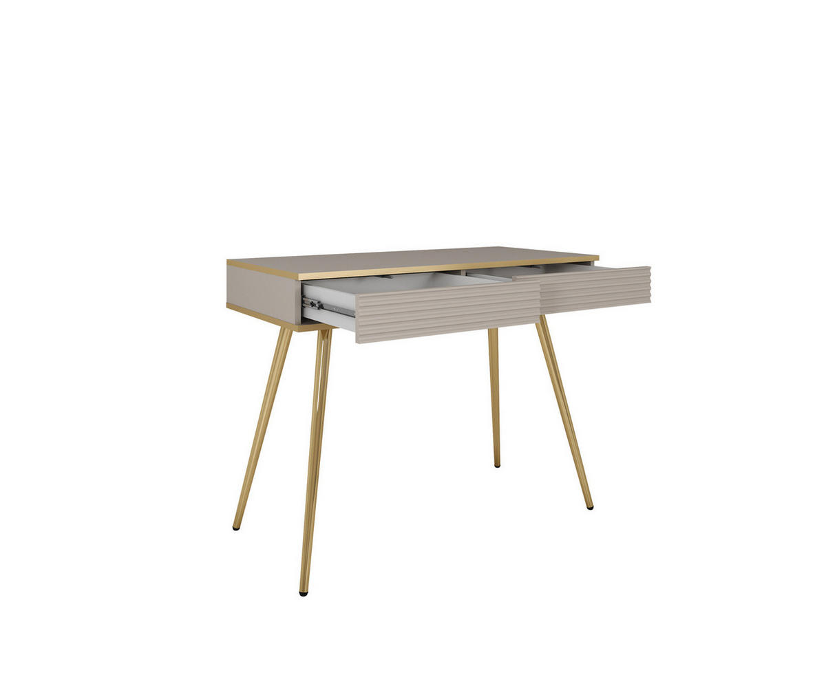 KONSOLENTISCH FORNO (Schwarz, Rillenfront, Goldene Details, 2 Schubladen, goldene Metallfüße, 102 cm) - Gelb/Goldfarben, Holz/Holzwerkstoff (50/102/80cm) - Ravio