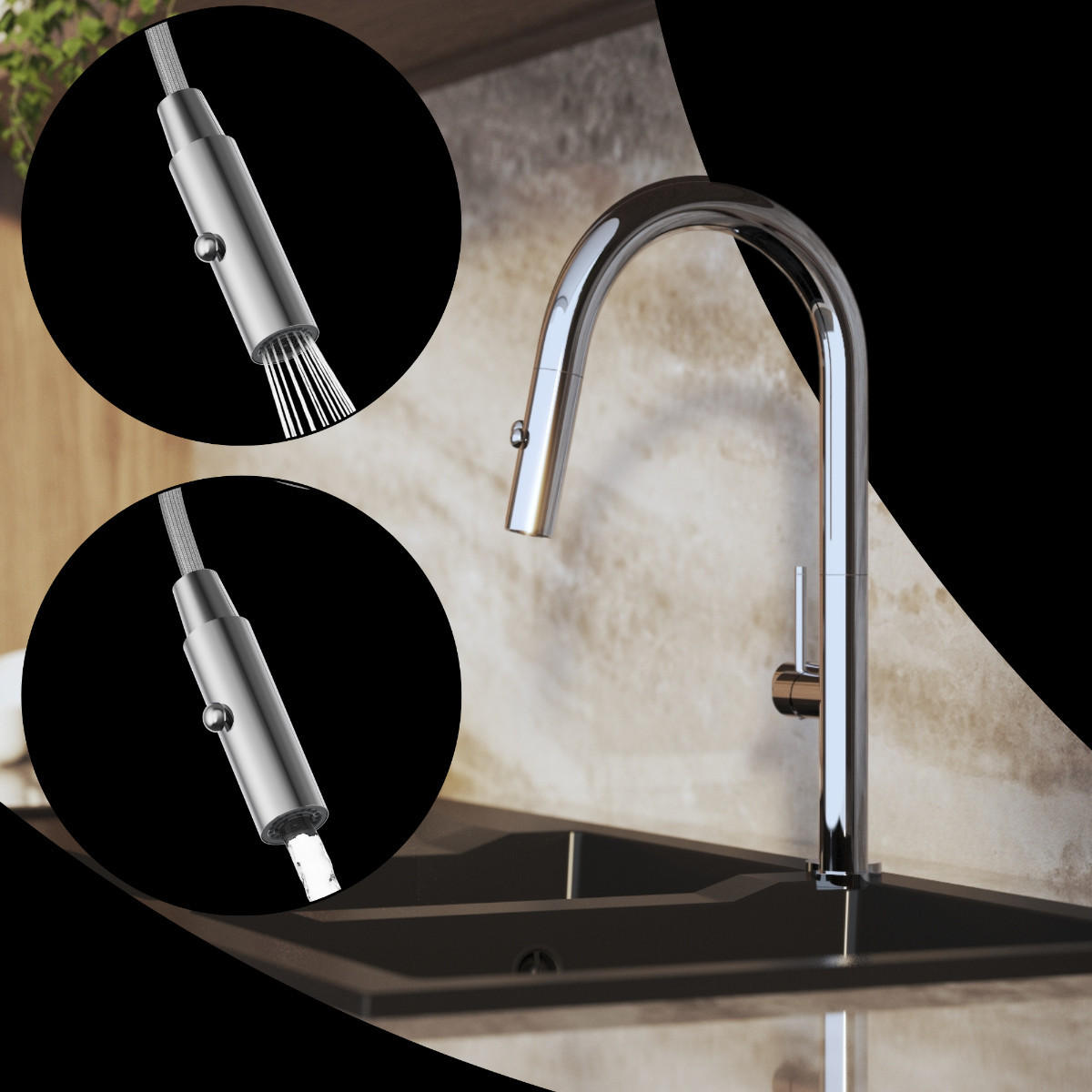 KÜCHENARMATUR Livia Chrom 43 cm Ausziehbrause 2 Strahlarten 360° 1-tlg. - Chromfarben, Metall (24/43/24cm) - Granitan