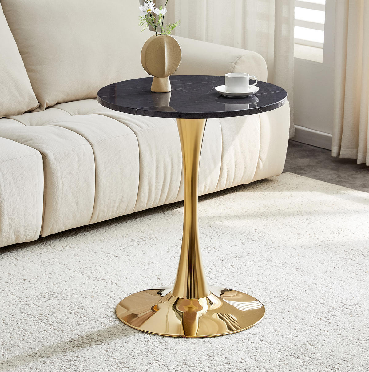 BEISTELLTISCH 60/60/72 cm mit runder MDF-Tischplatte in Marmoroptik und Metallgestell, Schwarz/Gold - Schwarz, Holzwerkstoff (60/60/72cm) - Redom