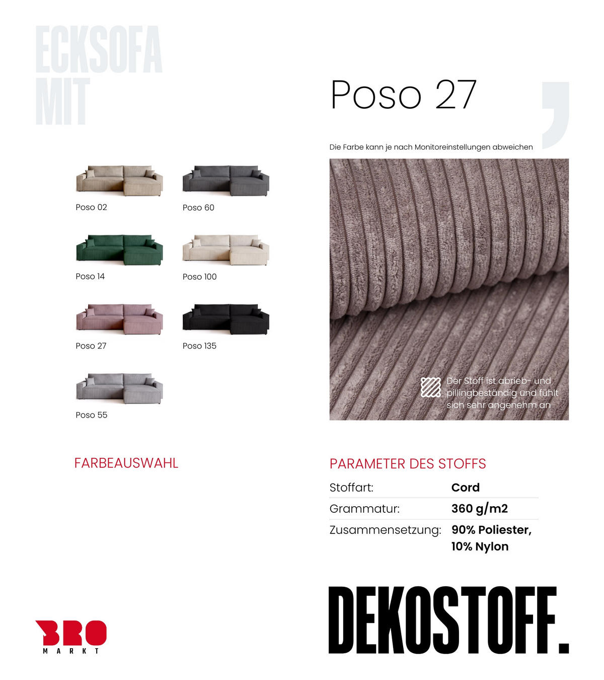 ECKSOFA ADI XL mit Schlaffunktion Puderrosa Cord - Rosa, Textil (272/143cm) - Bromarkt