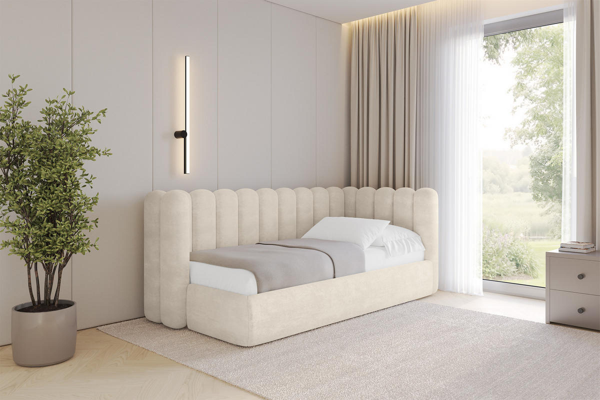 EINZELLBETT Jugendbett mit Bettkasten und Matratze H3/H4, Links - HUGY 100x200 Beige - Beige, Holzwerkstoff/Textil (100/200cm) - ALTDECOR