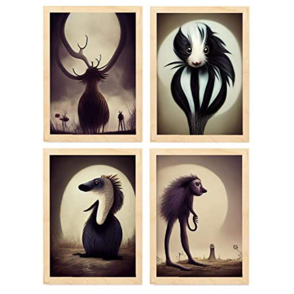 POSTER Set mit 4 Tier Braun im T Burton Goth Stil A4 Rahmen aus hellem Holz - Beige, Papier (29.7/3cm) - Nacnic