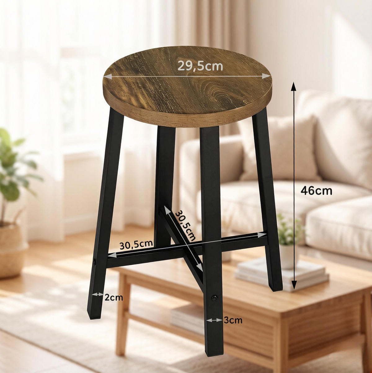 KÜCHENHOCKER im Vintage-Design 29,5 x 29,5 x 46 cm Schwarz/Holzoptik 2er-Set - Schwarz, Metall (29.5/46/29.5cm) - Meubliv