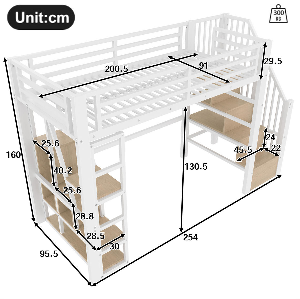 HOCHBETT 90/200 cm in Weiß mit Stauraumtreppe, Rausfallschutz und LED - Weiß, Holzwerkstoff (90/200cm) - BEAOK