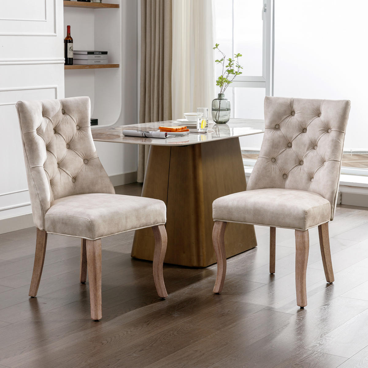 ESSZIMMERSTUHL 2er-Set mit Samtbezug, diamantförmigen Knopfdetails, ergonomischer Rückenlehne und massiven Gummiholzbeinen, hellbeige - Beige, Textil (51/97/47cm) - Luhomfu