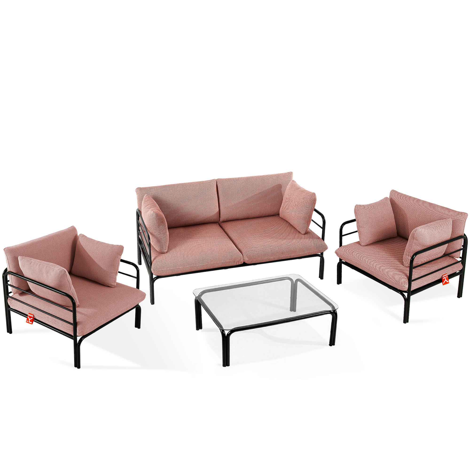 GARTENMÖBELSET RAMBE 4-tlg. 1x Tisch 2x Sessel 1x Sofa 2-Sitzer, mit Kissen, LOFT-STIL, Anthrazit - Anthrazit/Rot, Glas/Textil - KONSIMO®