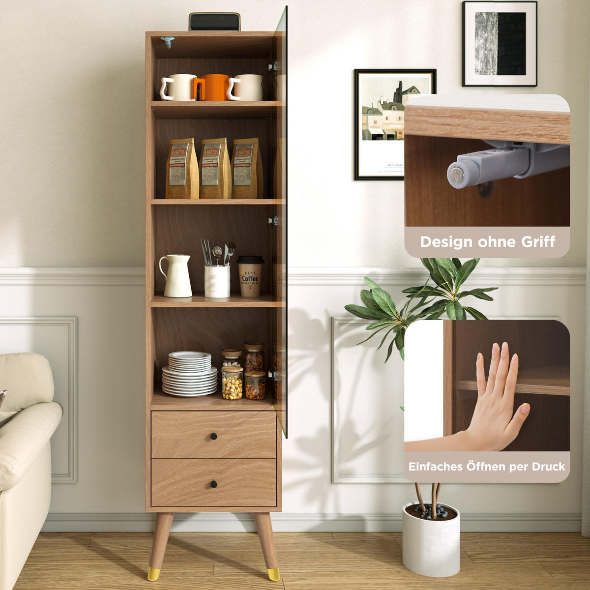 VITRINE in Naturfarben mit Glastür und 2 Schubladen für Wohnzimmer, B39,8/T35/H160 cm - Transparent/Naturfarben, Glas/Holzwerkstoff (39.8/160/35cm) - STILVORA