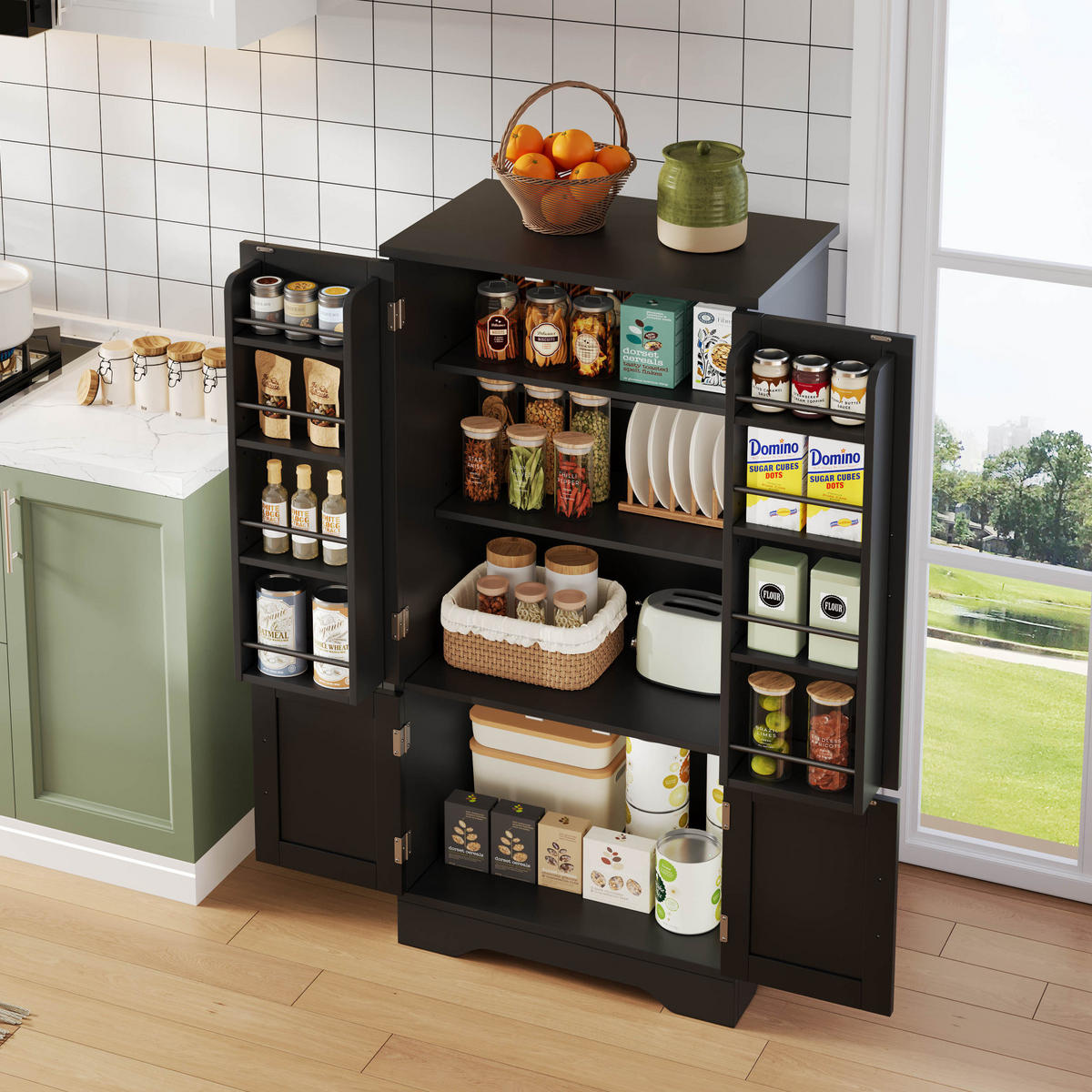 HOCHSCHRANK aus MDF mit 4 Türen, LED-Sensorlicht, 60/40/120 cm, Schwarz - Schwarz, Holzwerkstoff (40/120/60cm) - Redom
