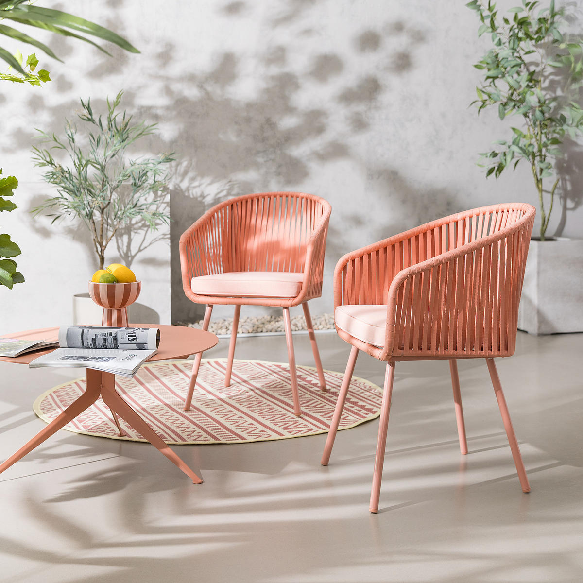 GARTENSTUHL - Stahl / Polyester - 2er-Set - Rosa, Textil/Metall (56/79/62cm) - home24