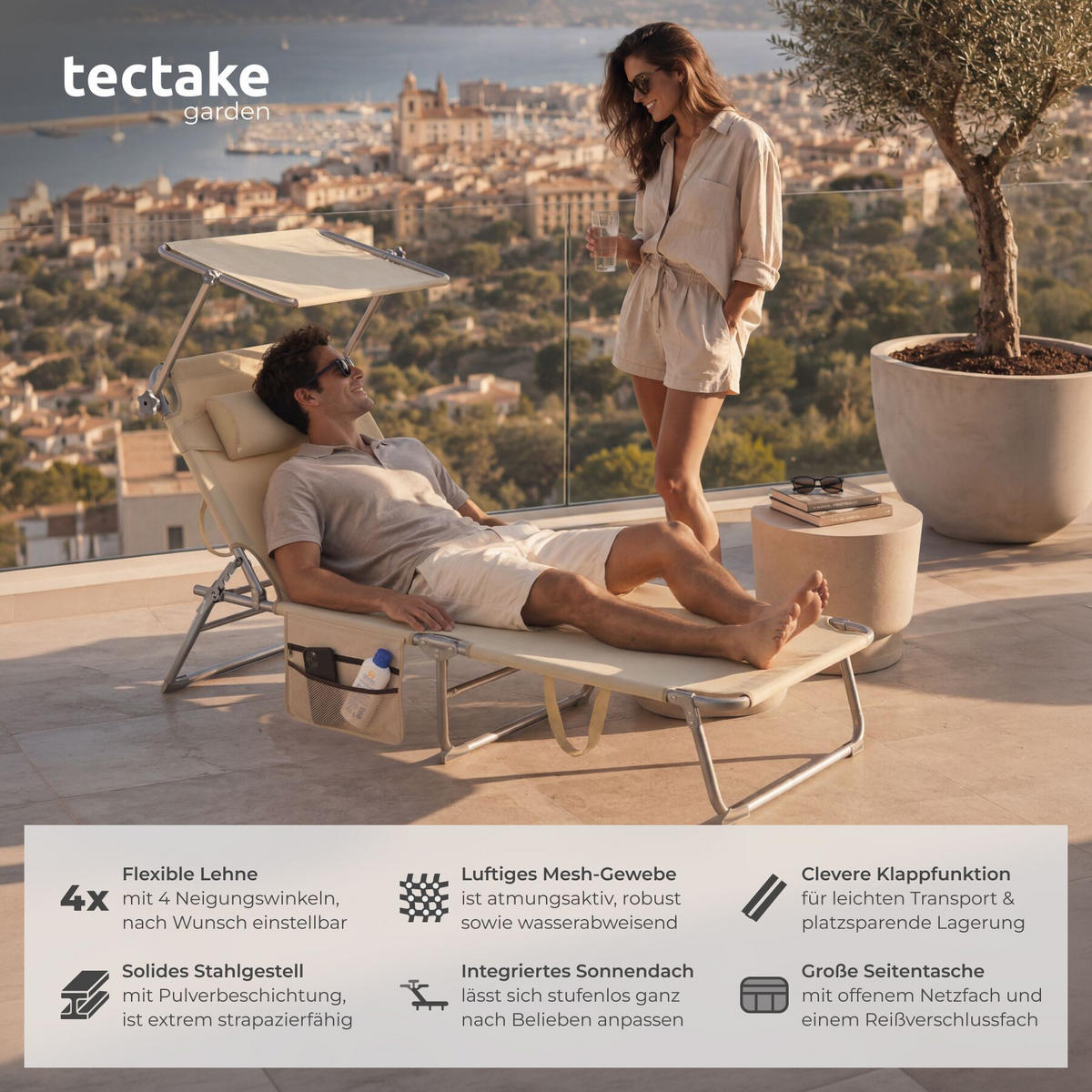 SONNENLIEGE 2er Set Chloé, 190 x 68 x 111 cm, mit Seitentasche, beige - Beige, Kunststoff (68/111/161cm) - tectake